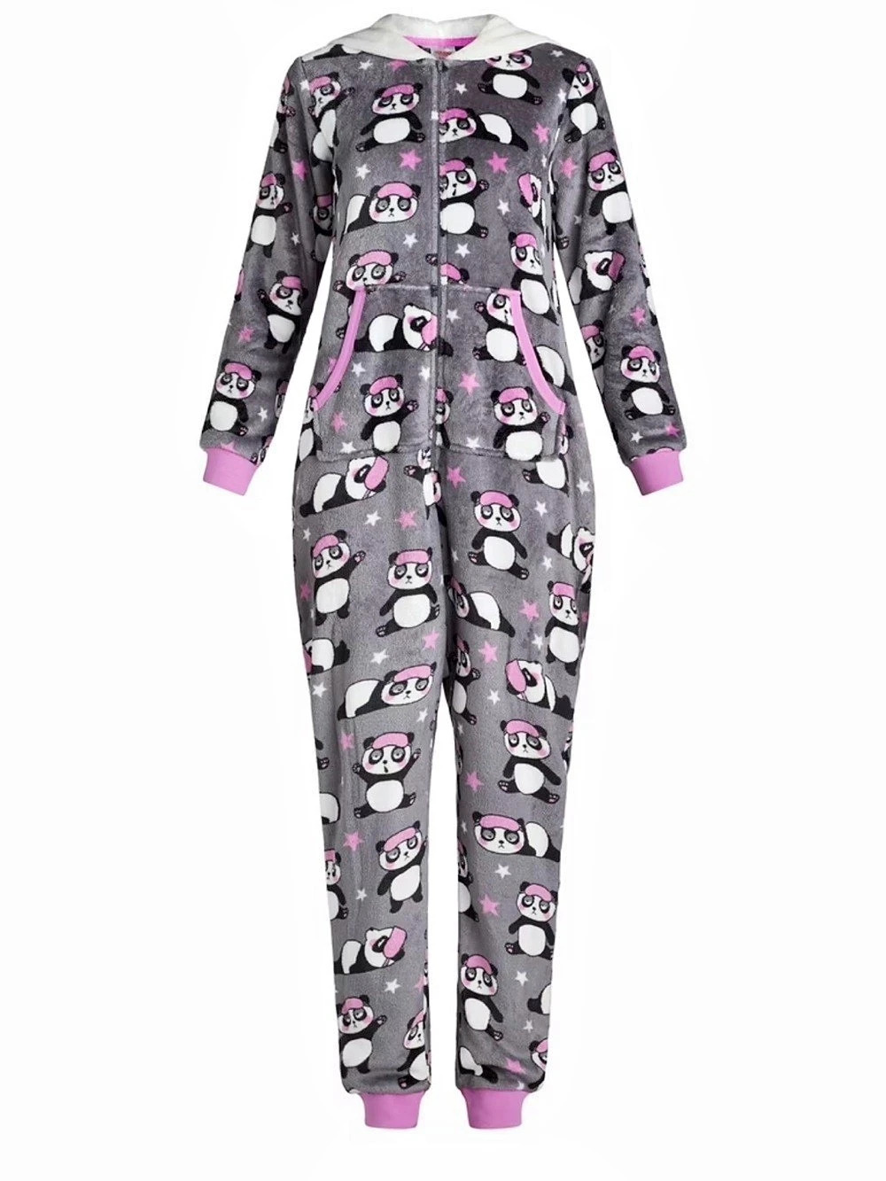 Holiday Time Tired Panda Plush Hooded Unionsuit Gray & Pink Like New